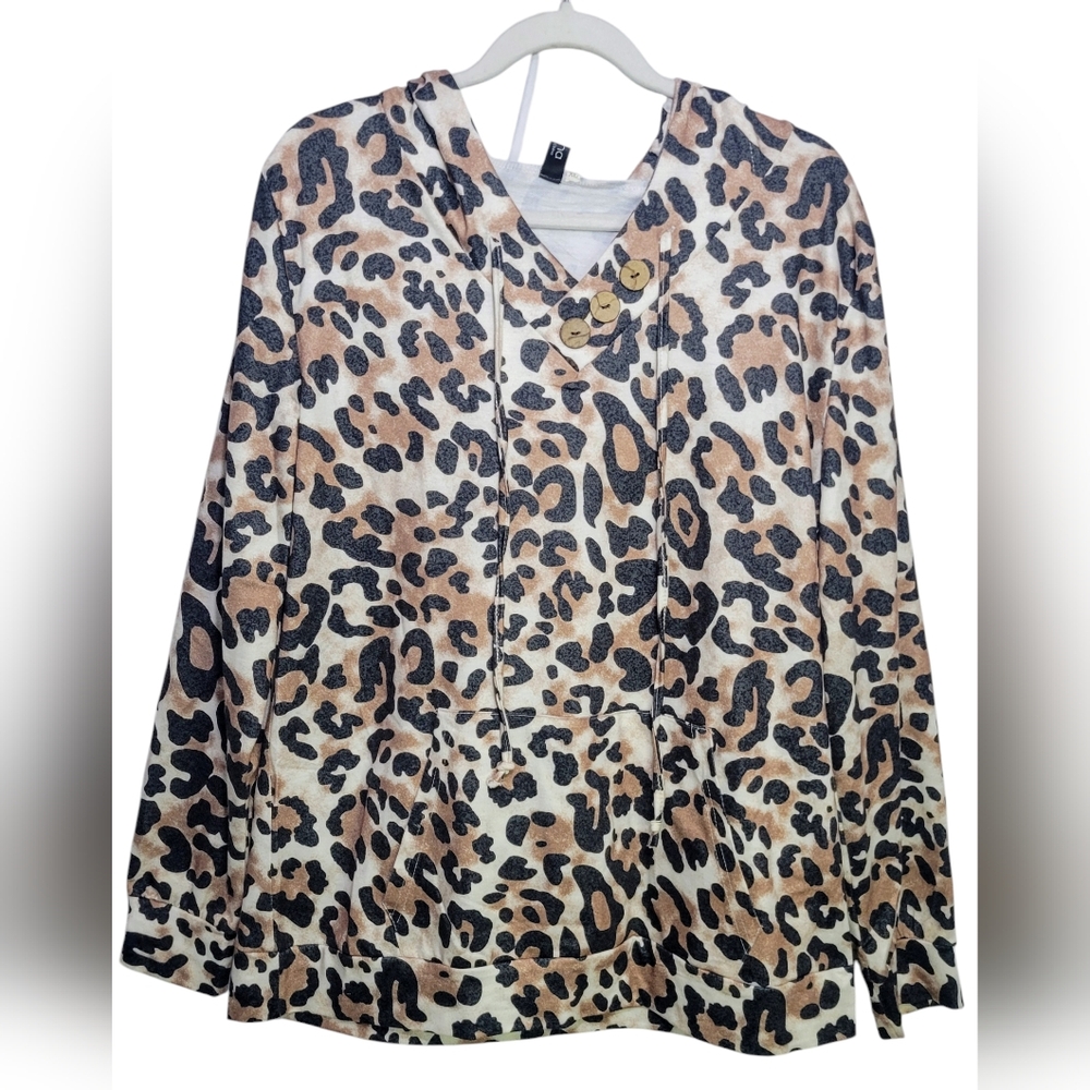 Jiana Women's Leopard Print Hoodie XL kangaroo pocket cotton blend